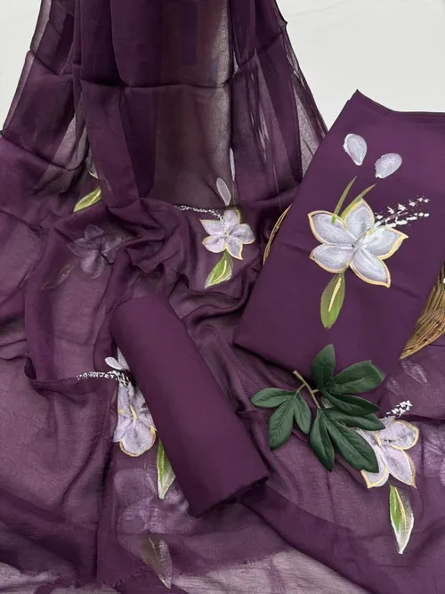 Hand-Painted Cotton Suit Set with Flowing Chiffon Dupatta